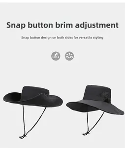 Detail of black sun hat with side snaps and breathable mesh for outdoor cycling