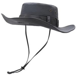 Detail of dark gray outdoor sun hat with metal eyelets and adjustable chin strap