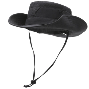 Black wide brim outdoor sun hat with adjustable wind strap for hiking and camping