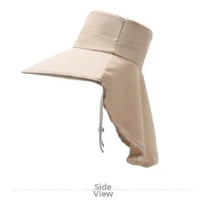 Side view of beige wide-brim sun hat with protective neck flap and adjustable strap