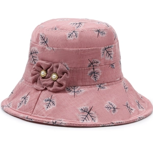 Damen Sonnenhut aus Baumwollleinen in Pastellrosa mit Blattmuster und Perlenblume