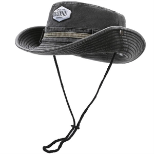 Dark grey outdoor denim sun hat with wide brim, adjustable chin strap and patch detail