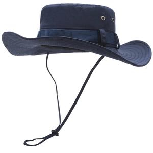 Dark blue outdoor sun hat with wide brim, chin strap and breathable vents for hiking