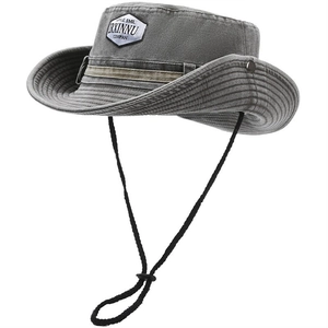 Grey canvas outdoor safari hat with wide brim, adjustable chin strap, and logo patch