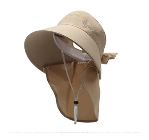 Detail of UV protection sun hat with wide brim, neck flap and adjustable chin strap