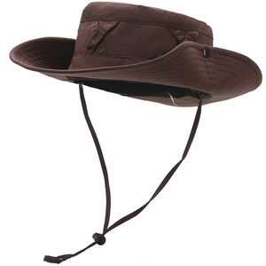 Detail of dark brown outdoor sun hat with wide brim, adjustable drawstring and metal eyelets