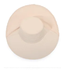 Top down view of beige wide brim sun hat with neck flap for UV protection