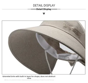 Detail of khaki linen sun hat showing wide brim, adjustable cord and embroidery