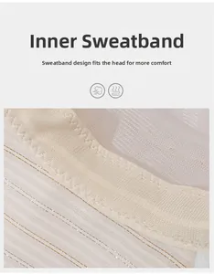 Detail of the sun hat inner sweatband with breathable mesh and gold stripe fabric