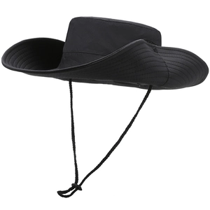 Men's black outdoor sun hat with wide brim, breathable mesh and adjustable wind cord