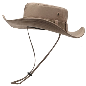 Detail of khaki outdoor wide brim sun hat showing metal vents and adjustable chin cord