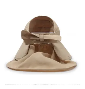 Rear view of beige sun hat featuring a decorative bow and wide protective neck flap