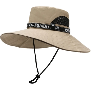 Outdoor khaki sun hat with wide brim, breathable mesh, and adjustable chin strap
