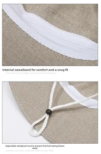 Detail of adjustable windproof strap and moisture-wicking band inside the sun hat