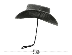Side view of dark gray outdoor boonie hat with wide brim, side buttons, and adjustable cord