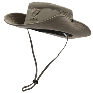 Detail of wide brim hiking hat with adjustable chin strap and side snaps for sun protection