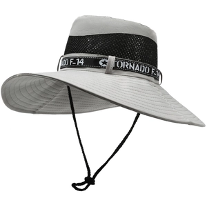 Detail of grey wide brim sun hat showing breathable mesh layer and adjustable chin strap