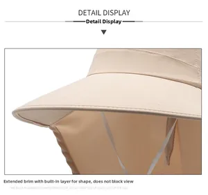 Close-up of khaki sun hat featuring a wide reinforced brim and breathable quick-dry fabric