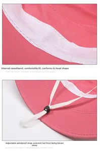 Detailed view of pink sun hat with honeycomb texture, inner sweatband and windproof cord