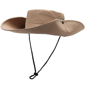 Khaki outdoor sun hat with wide brim, breathable mesh, and adjustable chin strap