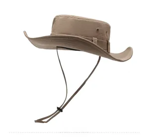 Close-up of khaki sun hat featuring side vent eyelets and adjustable windproof rope