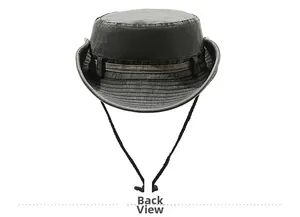 Detailed back view of dark gray cotton bucket hat with adjustable chin strap