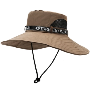 Detail of khaki outdoor bucket hat with black breathable mesh and adjustable windproof cord