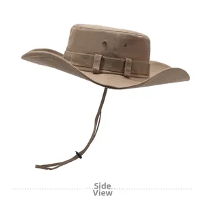 Side view of khaki wide-brim outdoor sun hat with breathable vents and adjustable chin strap