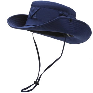 Wide brim outdoor sun hat in navy blue with adjustable chin strap for hiking and camping