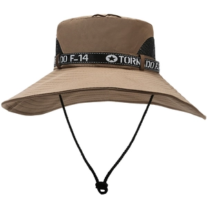 Detail of khaki outdoor sun hat featuring breathable black mesh and tornado text ribbon