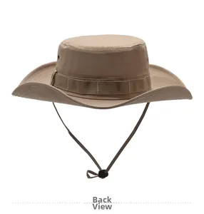 Detailed back view of khaki outdoor sun hat with adjustable windproof chin strap