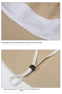 Detail of khaki sun hat featuring breathable mesh sweatband and adjustable windproof cord