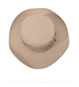 Top-down view of a khaki outdoor sun hat with wide brim and tactical webbing details