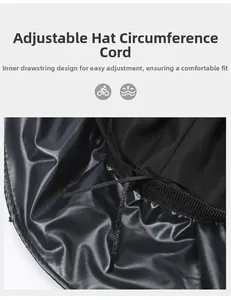 Detail of adjustable inner drawstring on a breathable black wide brim sun hat