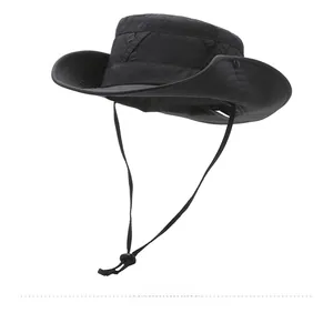 Detail view of black outdoor sun hat with wide brim and adjustable chin strap cord