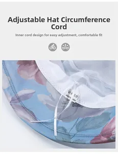 Detail of floral sun hat featuring breathable mesh lining and adjustable drawstring cord