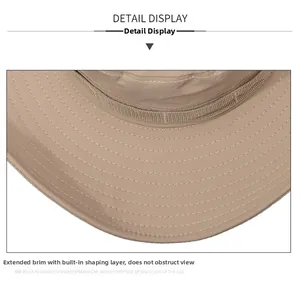 Detail of khaki hiking hat brim with reinforced stitching for sun protection