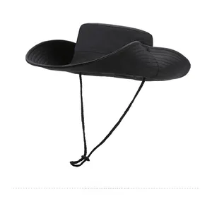 Side view of wide brim black sun hat with adjustable chin strap for outdoor activities