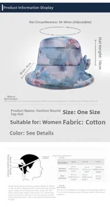 Sizing chart and detail of blue floral cotton sun hat with 56-60cm adjustable circumference