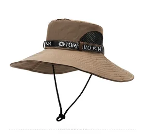 Detail of coffee outdoor sun hat with black mesh panels and adjustable chin strap
