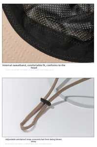 Detail view showing breathable mesh lining and adjustable windproof cord on khaki sun hat