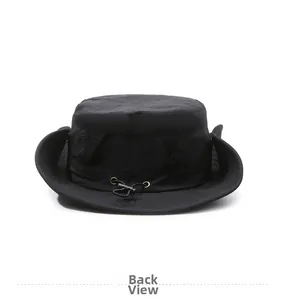 Rear view of black outdoor sun hat showing adjustable drawstring and breathable fabric