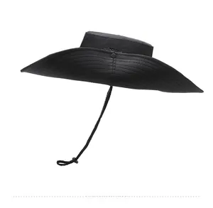 Side view of black sun hat featuring breathable mesh vents and adjustable chin strap