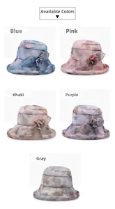 Matrix showing five colors of lightweight floral sun hats with fabric flower details