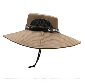 Close-up of khaki bucket hat with mesh vents and TORNADO F-14 branded adjustable strap