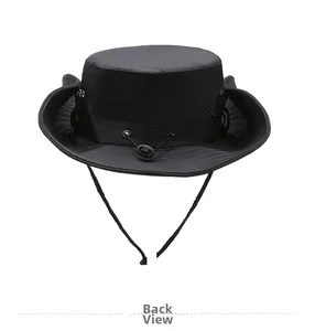 Detailed back view of a black outdoor sun hat with breathable mesh and adjustable wind cord