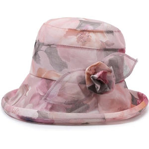 Women's summer sun hat with pink floral chiffon pattern and 3D fabric flower detail