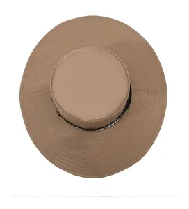 Overhead view of khaki outdoor sun hat with wide brim and stitched details