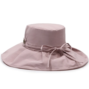 Women UV Protection Polyester Sun Hat Wide Brim Foldable Bucket Hat with Ribbon Bow For Summer Outdoor Travel Fisherman Cap