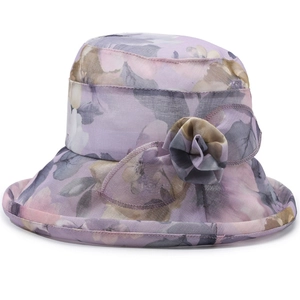 Women Organza Floral Sun Hat With 3D Flower Decor Foldable Wide Brim Beach Bucket Hat Breathable Summer Sun Protection Cap